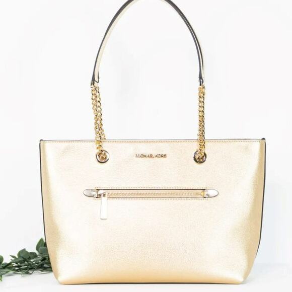 MICHAEL KORS Jet Set Pebbled Leather Chain Tote Bag Pale Gold - Picture 1 of 4